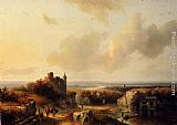 Castle Canvas Paintings - AnExtensive River Landscape With Travellers On A Path And A Castle In Ruins In The Distance